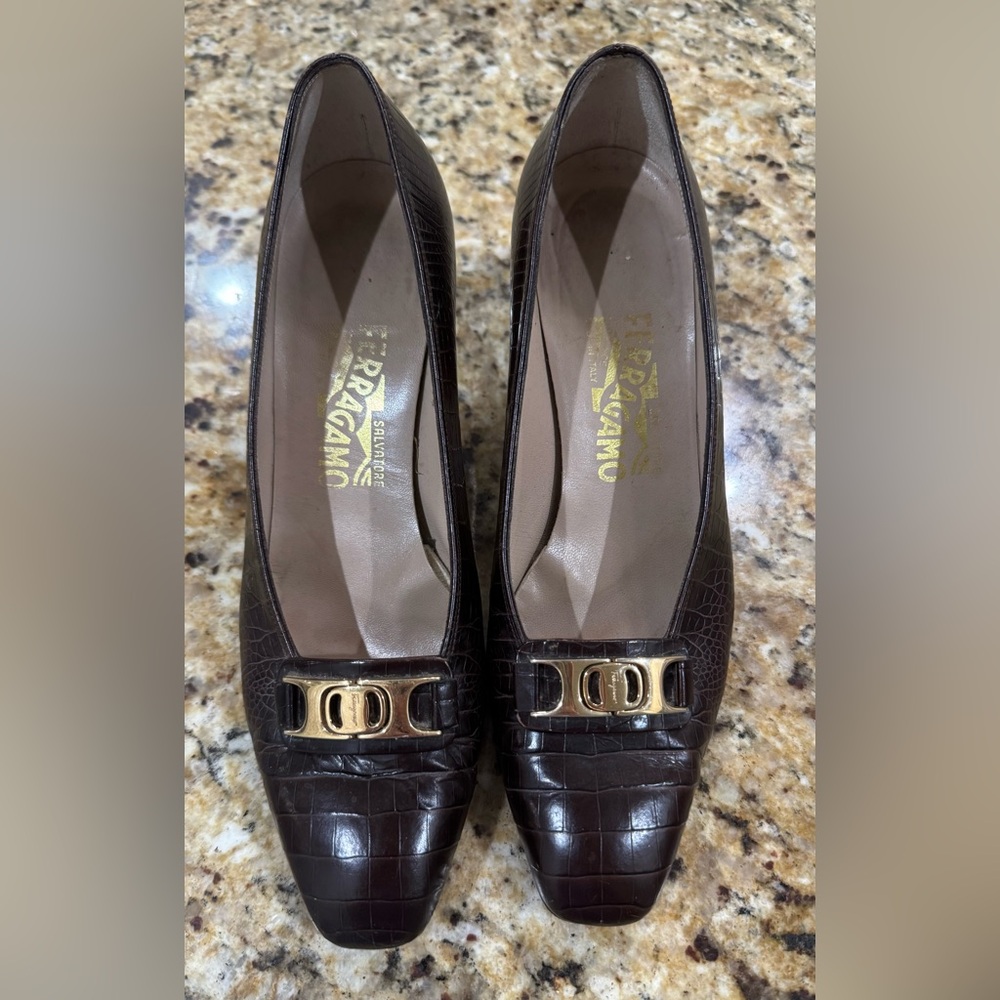 Salvatore Ferragamo Dark Brown Croc-Embossed Heels